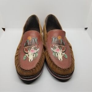 Roper brown suede western cow skull moccasins slip on loafers size 10